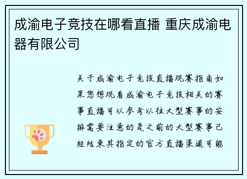 成渝电子竞技在哪看直播 重庆成渝电器有限公司